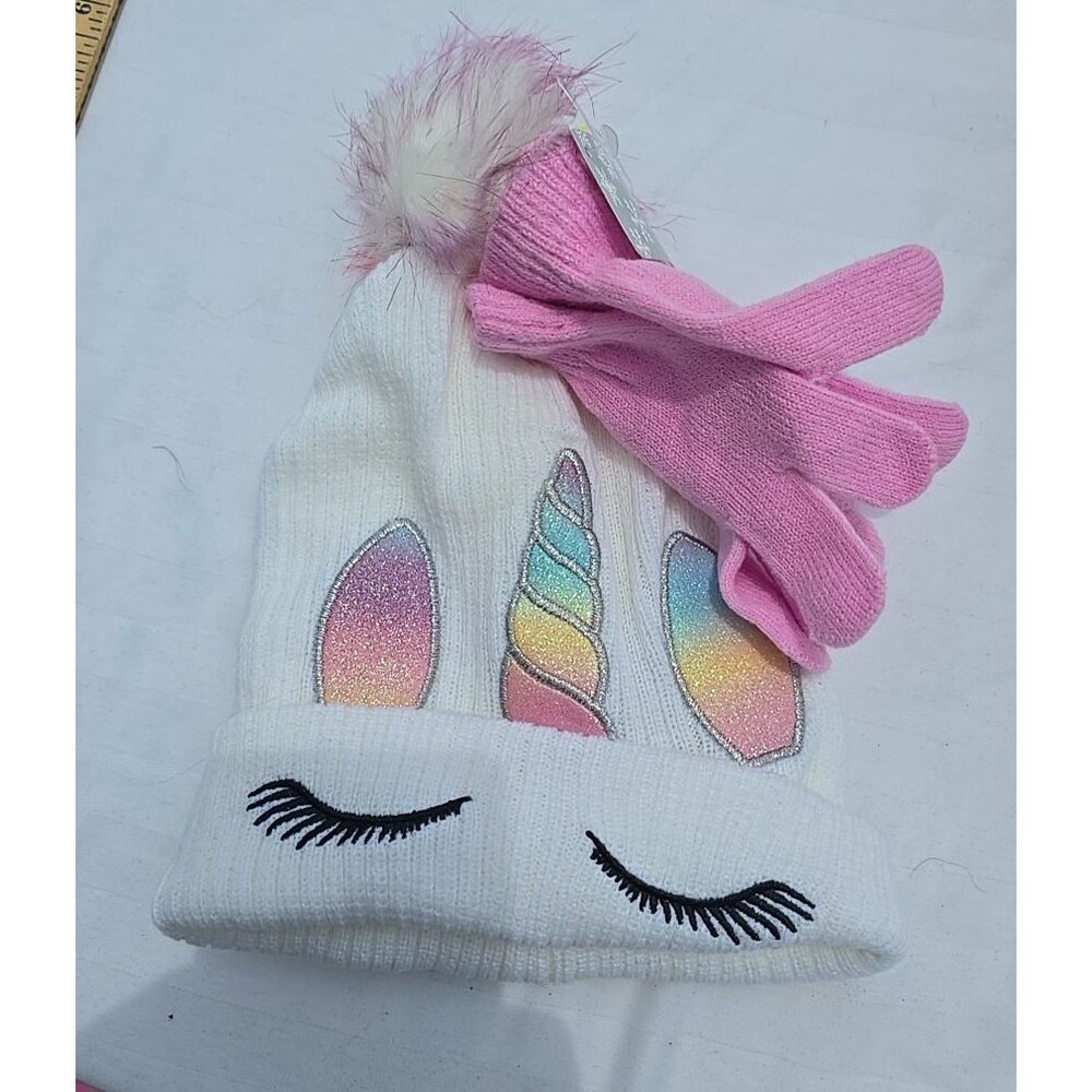 Unicorn Pom Pom WHITE Knit Girls Embroidered Heart Shimmer Rainbow New Beanie